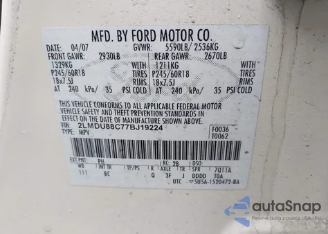 2007 Lincoln Mkx z USA, uszkodzony, nr VIN 2LMDU88C77BJ19224